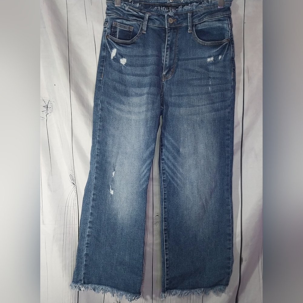 Judy Blue High-Waisted Distressed Straight Leg Cropped Raw Hem Blue Denim Jeans